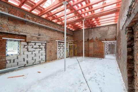 Inside view of working process of building house with wall made from foamed Stock Photos