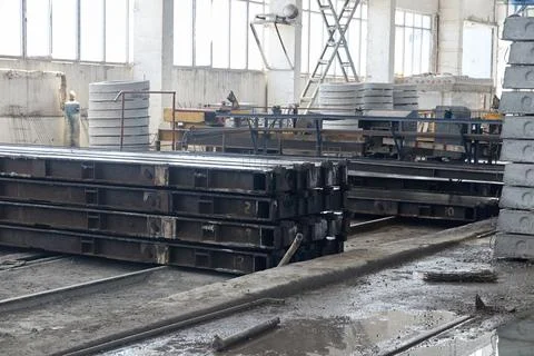 Inside view of the workshop for the production of reinforced concrete product Stock Photos
