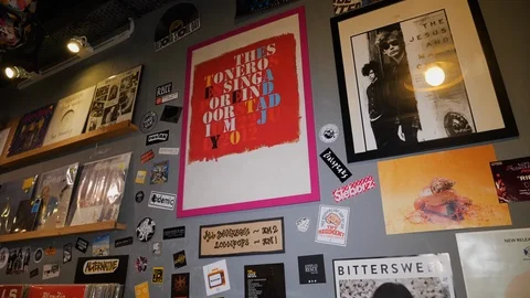 Inside of vinyl record shop with posters and decoration, Kuala Lumpur, Malaysia Stock Footage 146547006