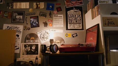 Inside of vinyl record shop with posters and decoration, Kuala Lumpur, Malaysia Stock Footage 146548725