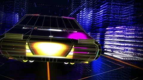 Inside a VR Video Game. Car Traveling Through a Futuristic City. Neon Lights Stock Footage 197349641