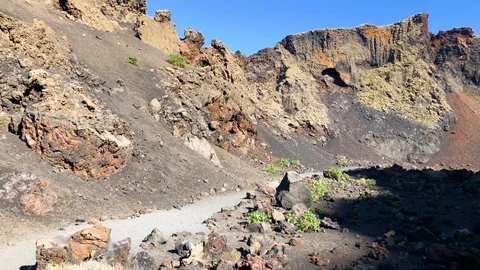 Inside of vulcano crater Caldera de Los Cuervos, Timanfaya National Park, Stock Footage 100187007
