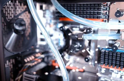Inside water cooled computer bokeh background Foto stock