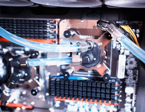 Inside water cooled computer bokeh background Foto stock