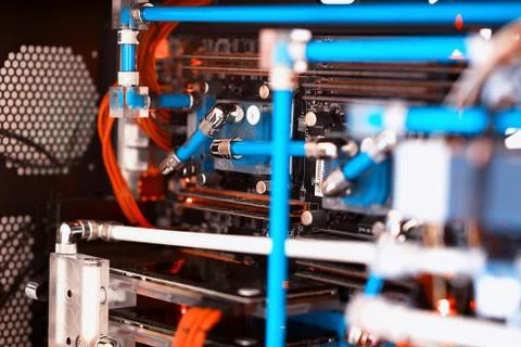 Inside water cooled high performance workstation bokeh backdrop Stockfoto's