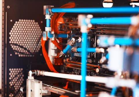 Inside water cooled high performance workstation bokeh backdrop Stockfoto's