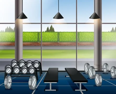 Inside weightlifting room with benches Stock Illustration