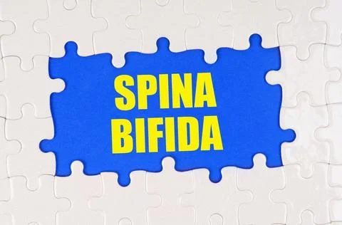 Inside the white puzzles on a blue background it is written - Spina Bifida Stock Photos