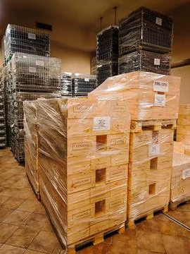 Inside a winery. Wine packed into boxes in a wine cellar 库存照片