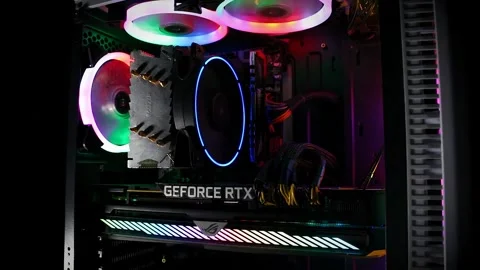 Inside a working gaming computer with backlight close-up Stock Footage 269213031