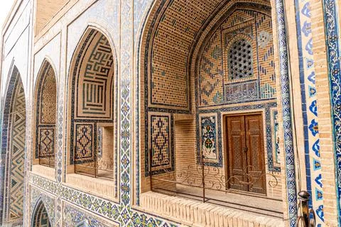 Inside the world-famous islamic architecture of Samarkand on Registan squar.. Stock Photos