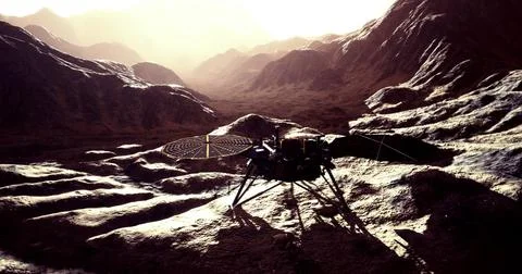 InSight lander exploring the Martian surface during the evening light Stock Illustration