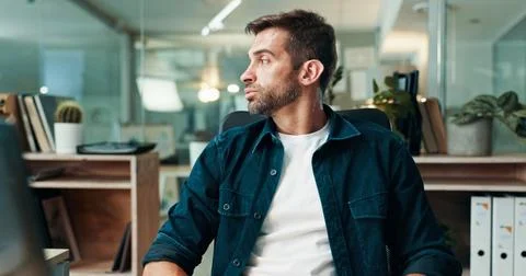 Insight, thinking and creative man in office for problem solving, business Stockfoto's