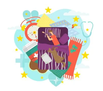 Insomnia night problem, sleep with flat pills vector illustration. Fatigue Stockillustratie