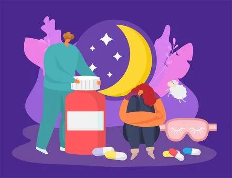 Insomnia, problem with sleep concept, vector illustration. Woman character have 스톡 일러스트
