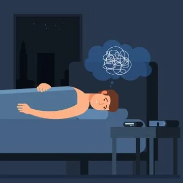 Insomnia problem. Sleepy man vector character. Fatidue, sleep disorder concept 스톡 일러스트