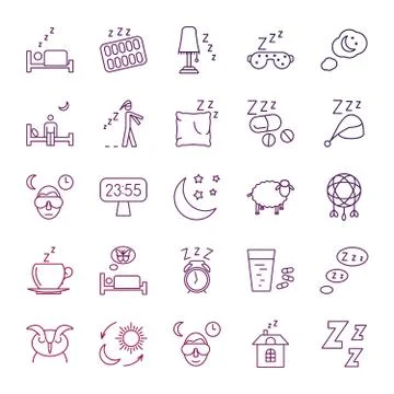 Insomnia problems and sleeping line icons set Stock Illustration