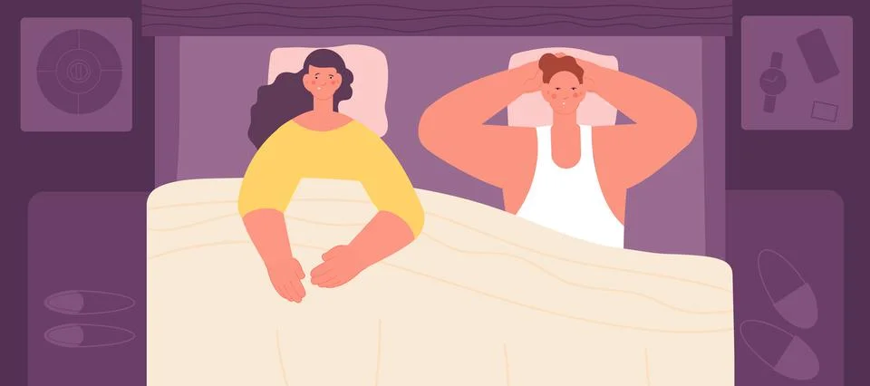 Insomnia problems. Sleeping man, tired couple in bed. Sleepless night, sick Stock Illustration