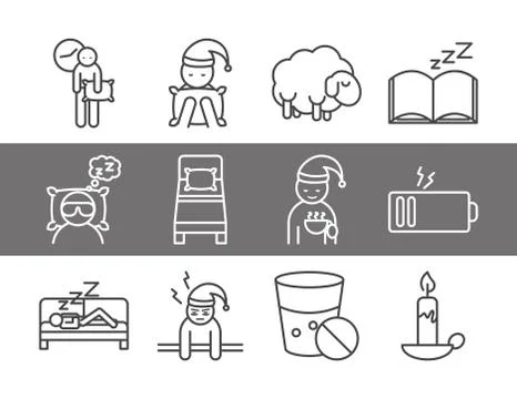 Insomnia sleep problems disorder set linear icons style Stock Illustration