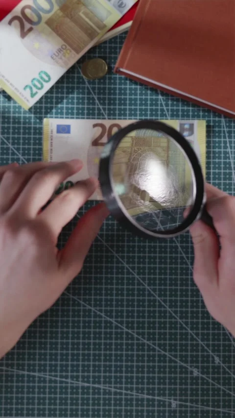 Inspecting 200 Euro banknote through magnifying glass vertical Stock Footage 332412791