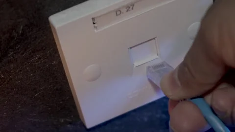 Inspecting and Connecting an RJ45 Cable to its Network Port 库存影片 252240461