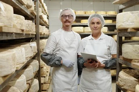 Inspecting Cheesewheels in Dairy Processing Facility Stock Photos
