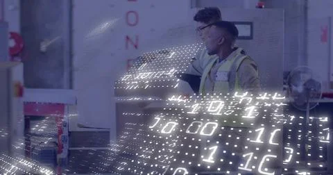 Inspecting control panel, two men in reflective vests monitoring binary overlay Stock Photos