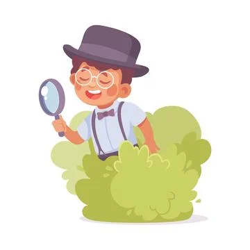 Inspecting Detective Boy Character Sit in Bush with Magnifier Investigating Case Stock Illustration