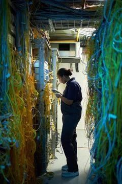 Inspecting Electrical Cables in Data Center Stock Photos
