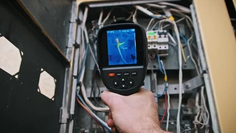 Inspecting Electrical Panel with Thermal Camera Device Stock Footage 303710330