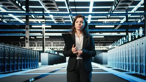 Inspecting hardware, blue wireframe mesh rackmounts and manager in data center Stock Photos