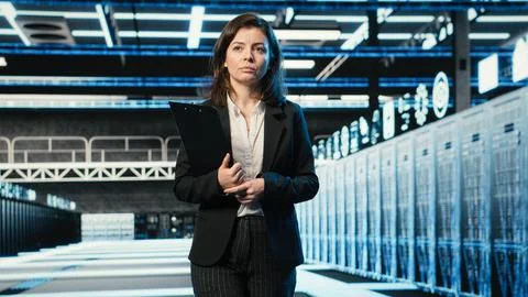 Inspecting hardware, blue wireframe mesh rackmounts and manager in data center 写真素材