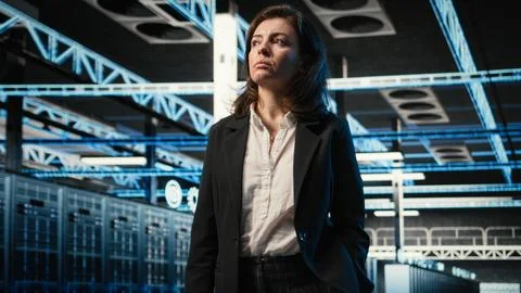 Inspecting infrastructure, blue wireframe mesh and manager in data center Stock Photos