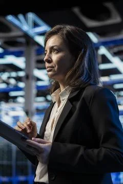 Inspecting infrastructure, tablet and software developer in data center Stock Photos