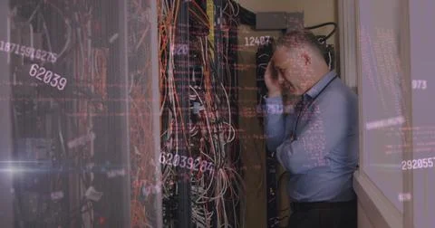 Inspecting IT pro fixing Ethernet cables in network closet, server rack, digital Stock Photos