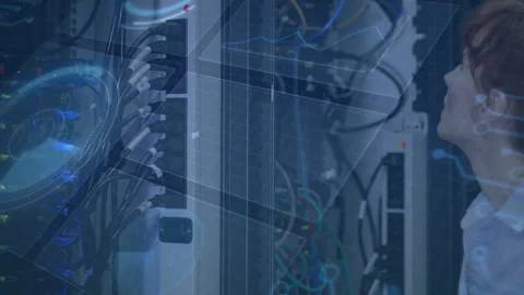 Inspecting IT technician in light shirt checking patch panel at rack, cables, Stock Footage 334040708