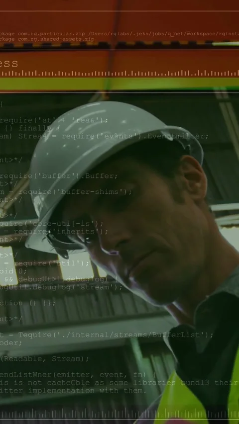 Inspecting lifting beam, site worker tapping tablet causing code bars showing Stock Footage 331215815