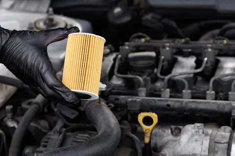 Inspecting oil filter during engine maintenance, close-up in hands of mechanic Stock Photos