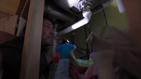Inspecting Plumbing Under the Kitchen Sink with a Flashlight Stock Footage 314392723