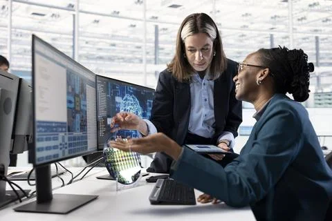 Inspecting silicon wafer substrates, artificial intelligence and engineers Stock Photos