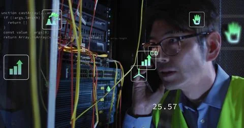 Inspecting tech in vest using smartphone checking rack in data center, floating Stock Photos