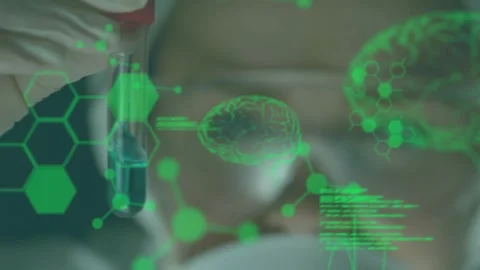 Inspecting test tube for analysis, gloved tech in coat rotating in lab as AR Stock Footage 330508625