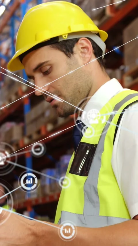 Inspecting warehouse worker in yellow hardhat hivis vest scanning racking, Stock Footage 331168806
