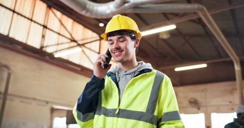Inspection, chat and man in building, phone call and communication with contact Stock Footage 338046832