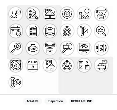 Inspection Design Vector Icons featuring 25 Display Perfect Regular Line Styl Stock Illustration