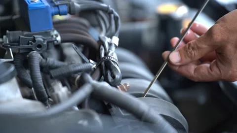 Inspection of the engine and checking the motor oil level Video stock 189822285