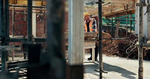 Inspection, engineer and man at construction site for thinking, development or Stock Footage 336260700