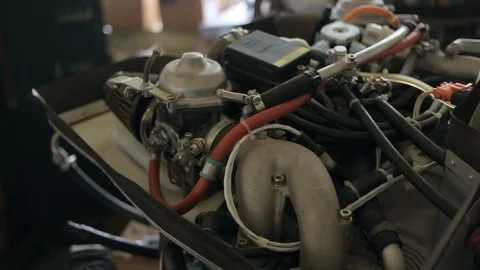 Inspection of jet engine in small airplane in repair workshop before flight. Video stock 120806657