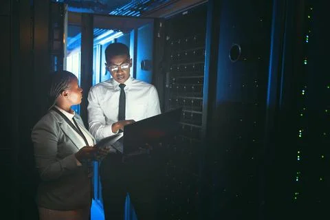 Inspection, review or engineers in server room with tech, teamwork or syste.. 스톡 사진