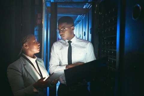 Inspection, review or technicians in server room with tech, teamwork or system Stock Photos